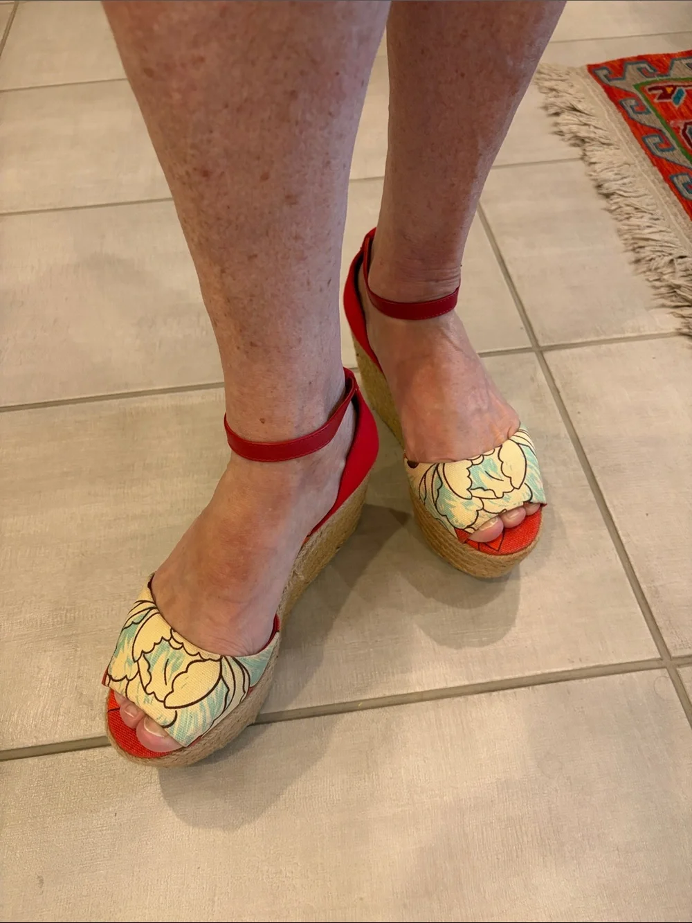 Tory Burch Red Floral Espadrille Wedge Sandals - Women Sz 8.5